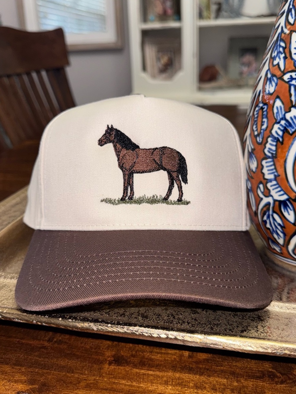 Classic Two-Tone Horse Embroidered Trucker Hat - Brown/White